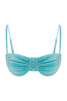 Suncillo Gina sparkly turquoise bikini top with shimmering fabric and adjustable straps, perfect for beach or poolside wear.