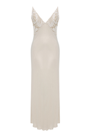 Bocan Couture ELA long cupro nightgown with beige lace trim, flowing fabric and elegant design for comfortable sleepwear.