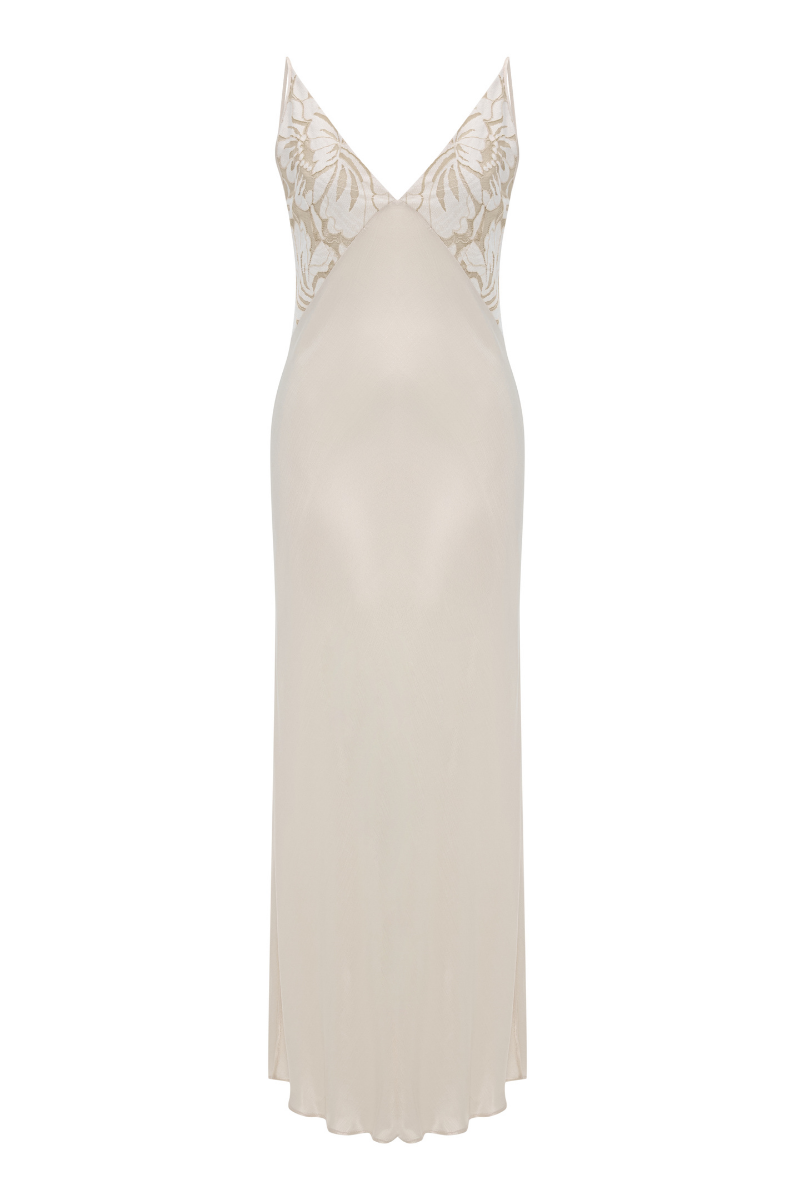 Bocan Couture ELA long cupro nightgown with beige lace trim, flowing fabric and elegant design for comfortable sleepwear.