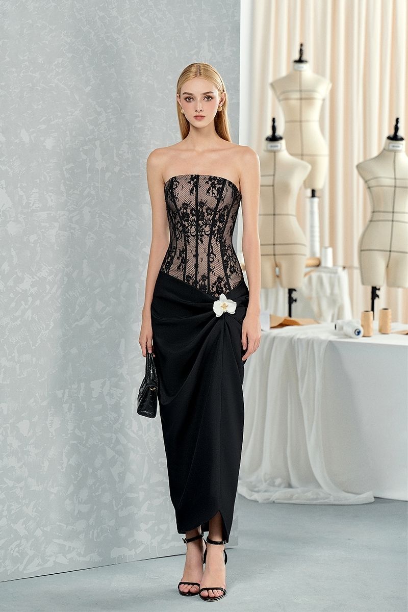 BLACK WAIST-CINCHED ORCHID AND CORSET SHIRT MIDI DRESS - CULT MIA