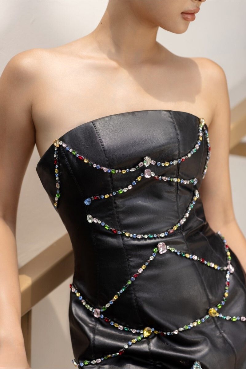 HELGA BLACK LEATHER CRYSTAL MINI DRESS - CULT MIA