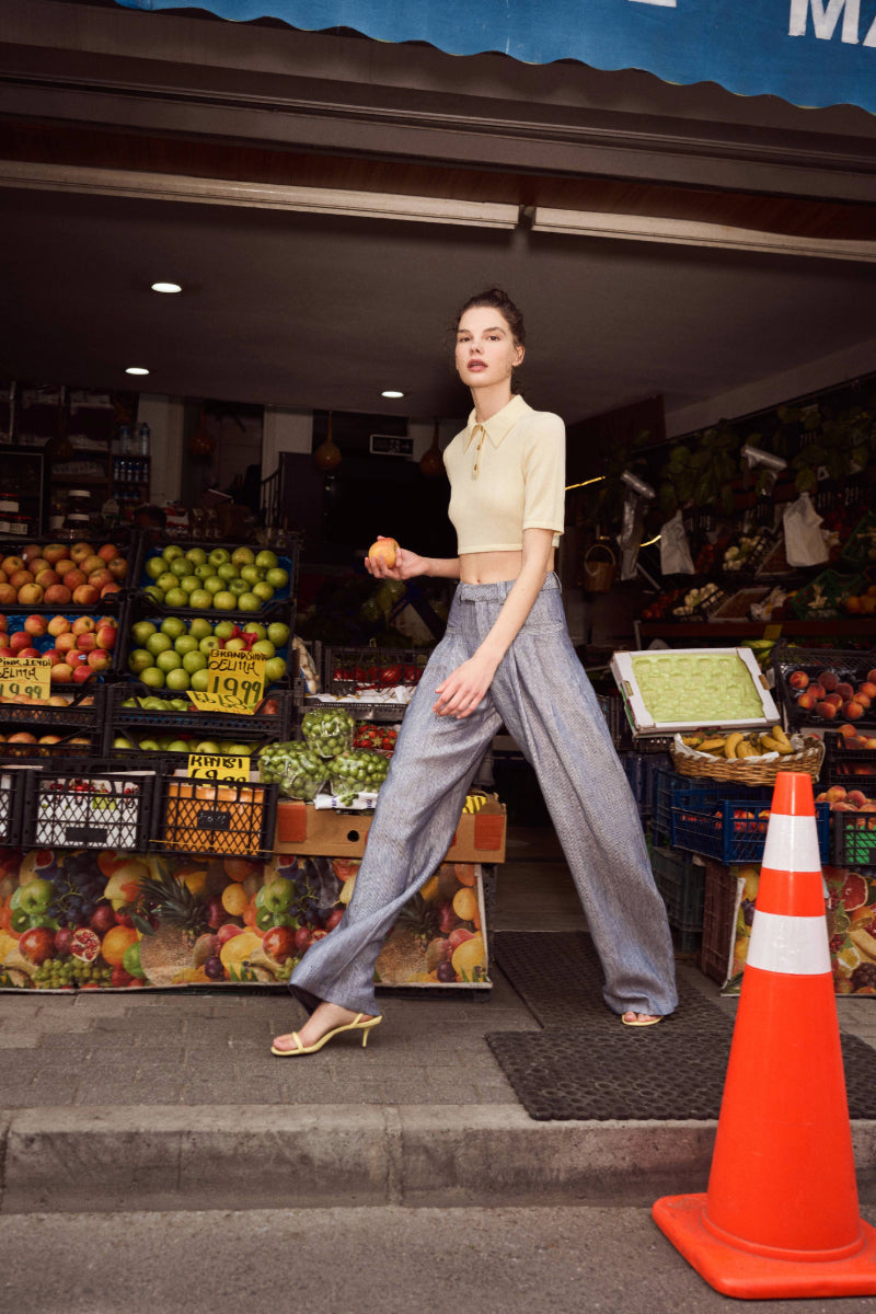 CANDICE NAVY LINEN-BLEND STRIPED PANTS - CULT MIA