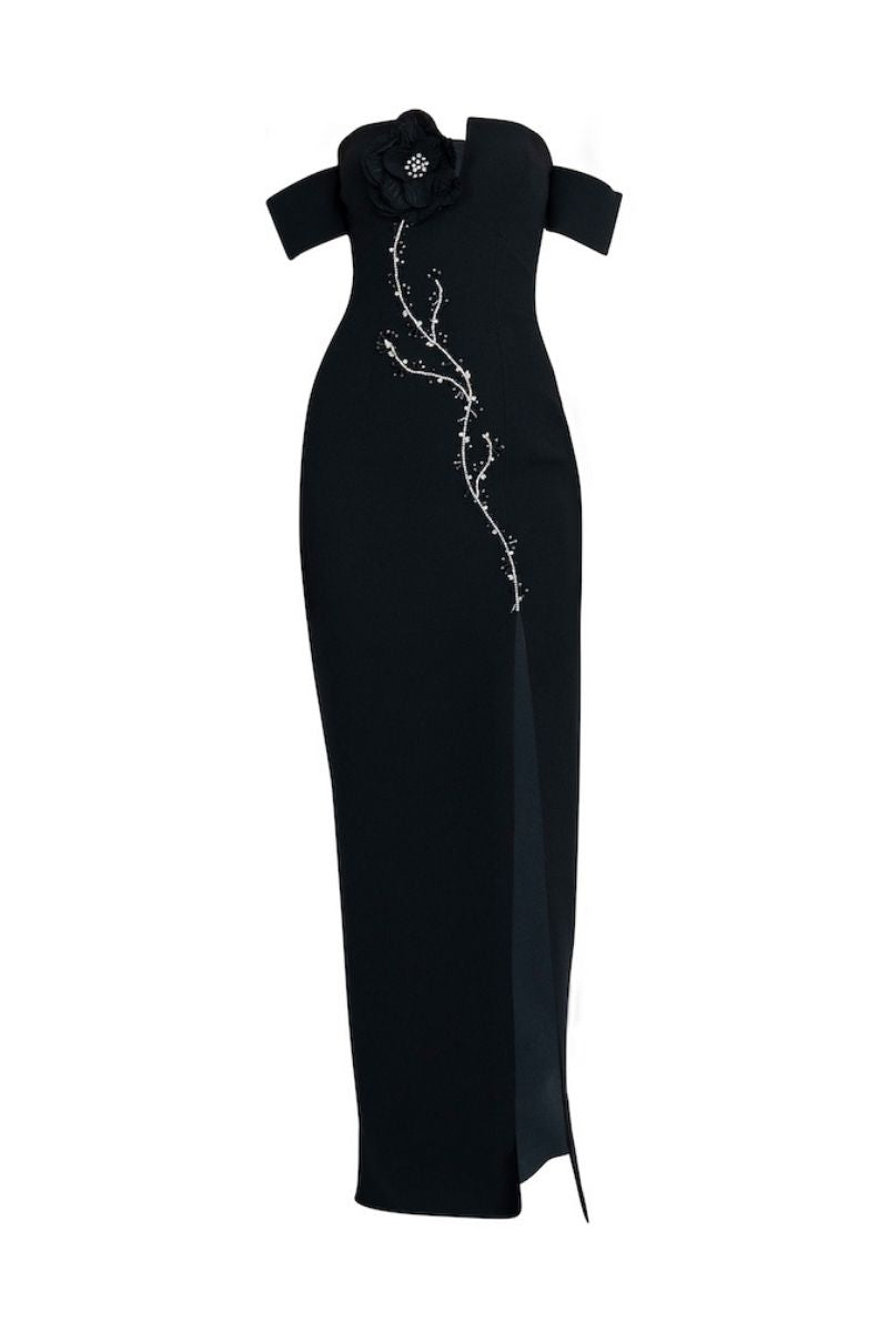 BLACK OFF-SHOULDER LONG DRESS - CULT MIA