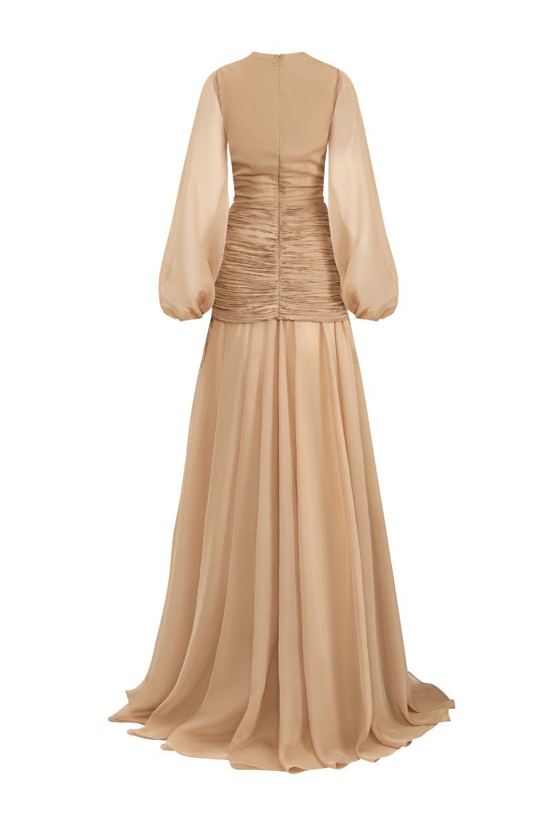 BEIGE V-NECK LONG-SLEEVE MAXI DRESS | CULT MIA | CEM BEIGE V-NECK LONG-SLEEVE MAXI DRESS | CULT MIA | CEM