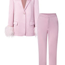 Baby pink Kelly taffeta feather co-ords set with jacket and pants by 21Six, featuring delicate feather details and a soft, stylish look.