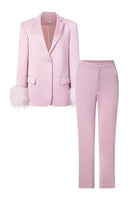 Baby pink Kelly taffeta feather co-ords set with jacket and pants by 21Six, featuring delicate feather details and a soft, stylish look.