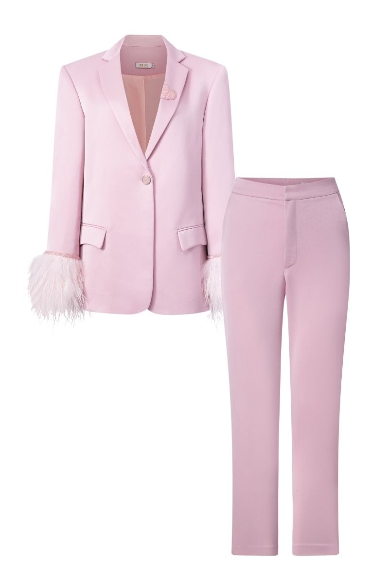 Baby pink Kelly taffeta feather co-ords set with jacket and pants by 21Six, featuring delicate feather details and a soft, stylish look.