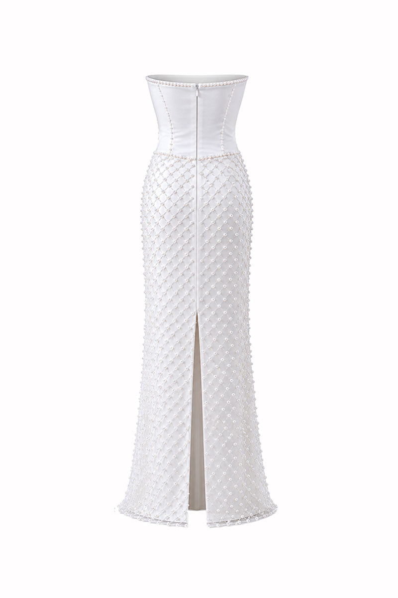 Ivory Camellia Pearl Corset Maxi Dress by HACCHIC COUTURE featuring elegant pearl embellishments and a flowing silhouette.