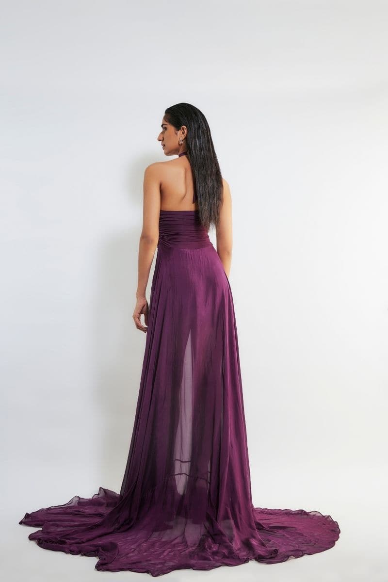 Deme By Gabriella Kerstin Wine Flared Gown with long sleeves and flowing skirt, elegant formal dress for special occasions.