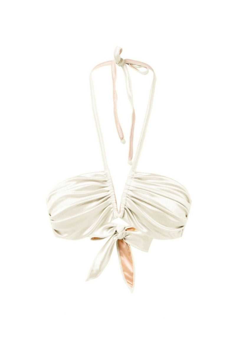 White pearl VIRNA glossy bikini top by Suncillo featuring a sleek, shiny finish and adjustable straps.