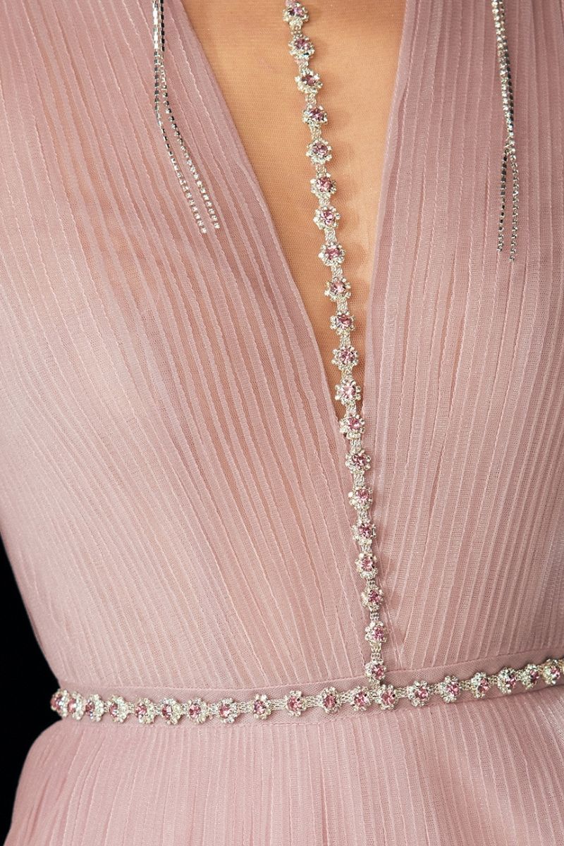Pink organza A-line cold shoulder maxi gown by Happy Clothing, featuring flowy fabric and elegant design.