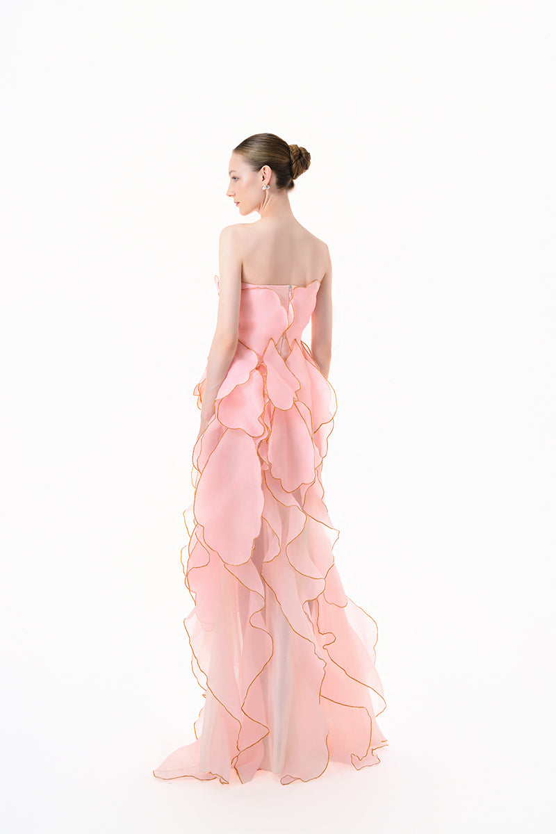 Blooming Blush Rose tiered gown by Happy Clothing, featuring a flowing, floral-embellished dress with layered fabric and feminine design.