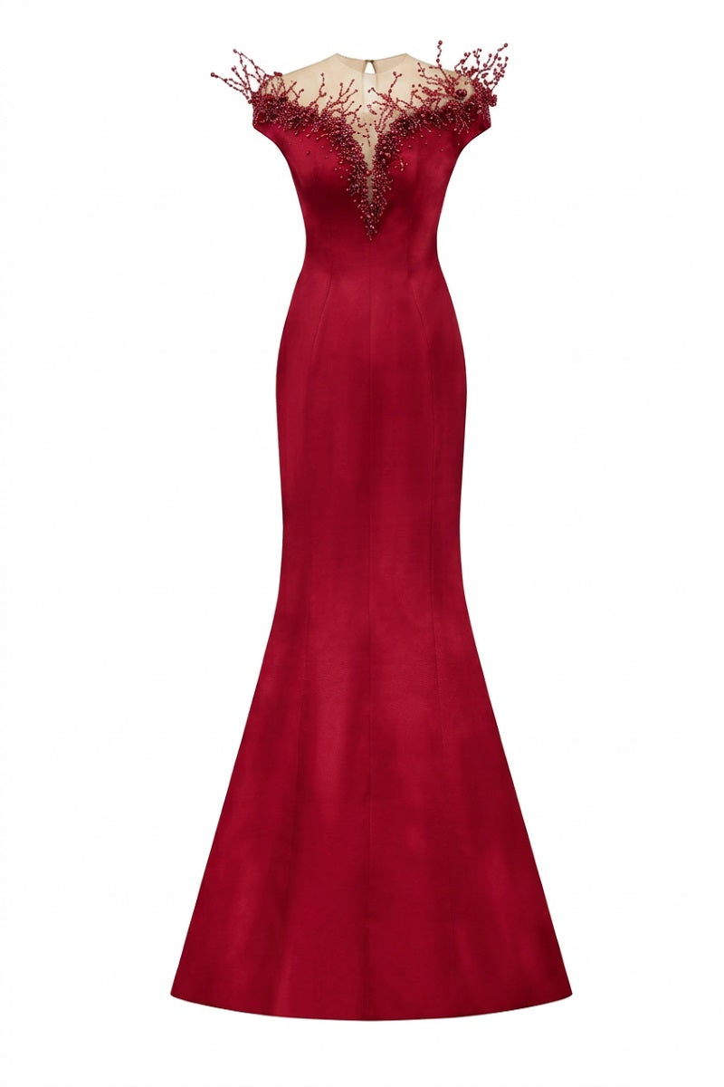 Elegant red silk taffeta gown by 21Six, featuring a flowing silhouette and luxurious fabric, perfect for formal occasions.