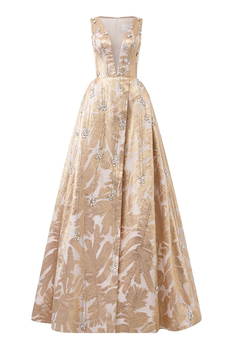 GOLDEN SLEEVELESS DEEP V-NECK GOWN - CULT MIA