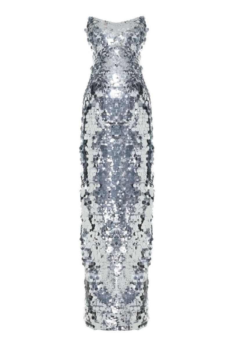 TIBI SILVER SEQUIN STRAPLESS MAXI DRESS - CULT MIA