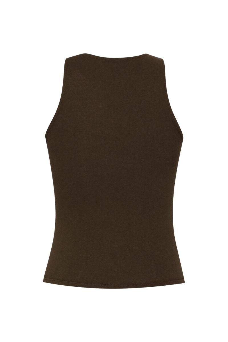 Dark brown denim tank top by TT Studios with a sleeveless design and classic fit, perfect for casual warm-weather wear.