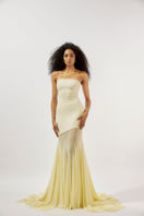 Deme By Gabriella Dahlia Butter Yellow Tube Gown, elegant formal dress with strapless design and flowing fabric.