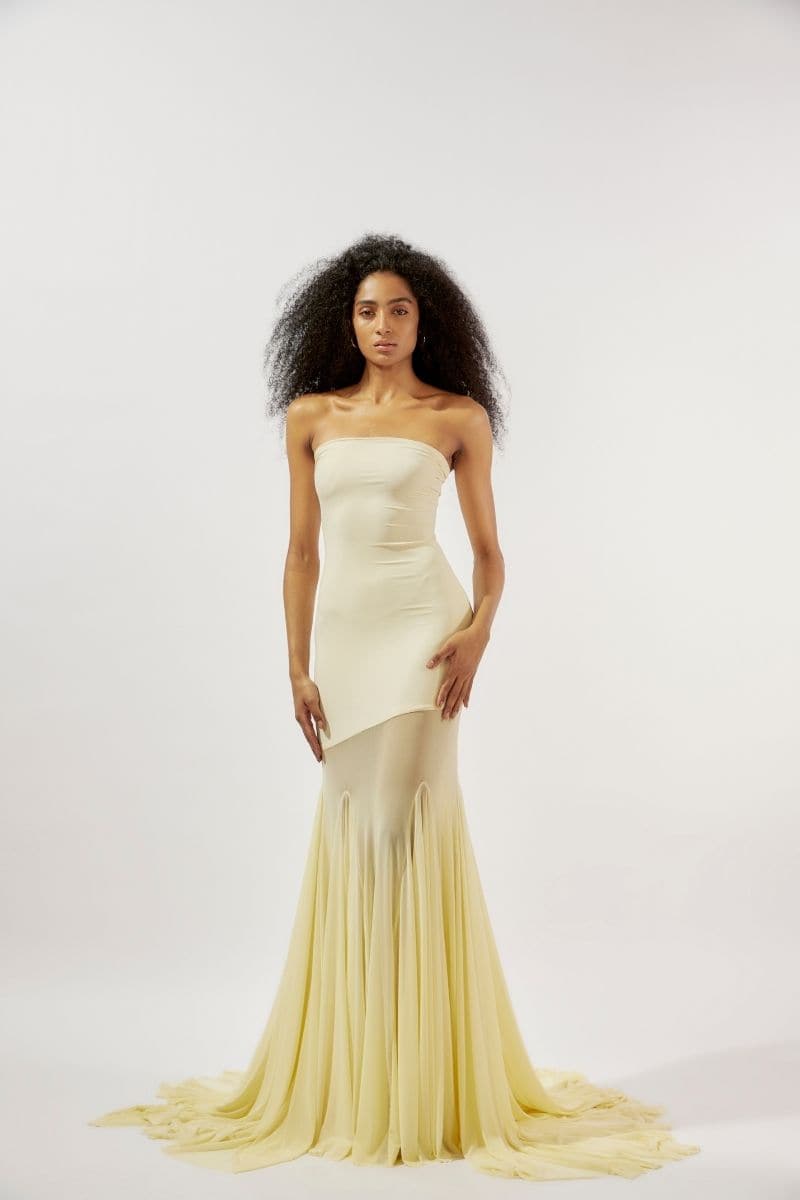 Deme By Gabriella Dahlia Butter Yellow Tube Gown, elegant formal dress with strapless design and flowing fabric.