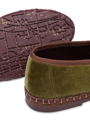 Flabelus Claire mustard green flats with light brown piping, stylish slip-on shoes for casual and elegant wear.