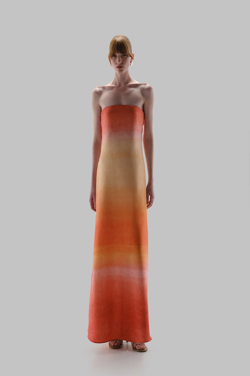 Baobab Lola maxi dress displayed at sunset, featuring a flowing fabric and elegant design perfect for warm evenings.
