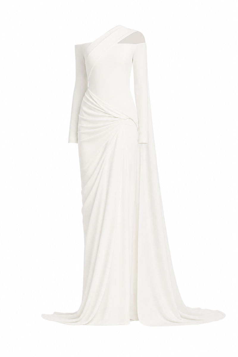 White Plan Narcotic Dress gown showcasing elegant, flowing fabric with a sleek design and subtle detailing
