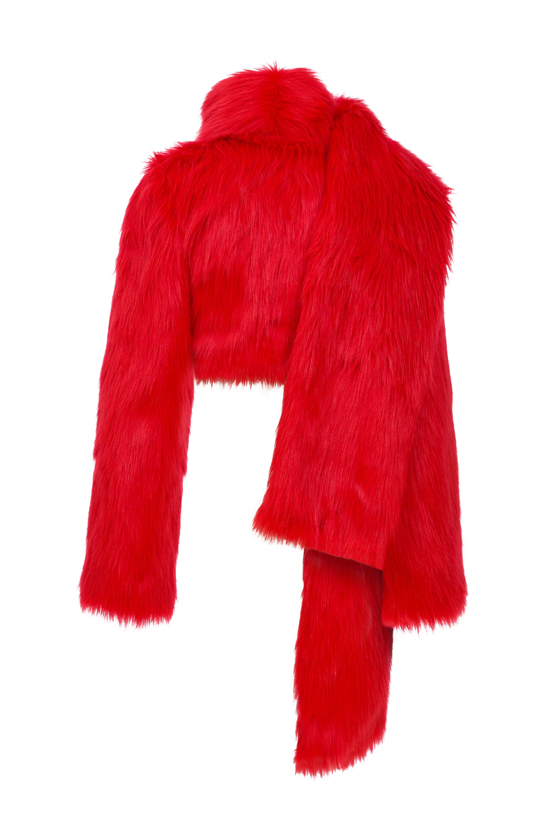 Sudi Etuz cropped faux fur coat with scarf detail, featuring plush texture and stylish design for winter wear.