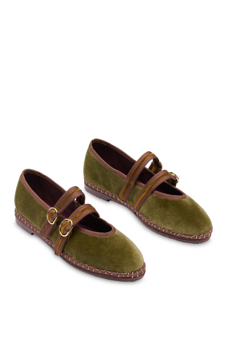 Flabelus Claire mustard green flats with light brown piping, stylish slip-on shoes for casual and comfortable wear.
