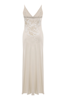 Bocan Couture ELA long cupro nightgown with beige lace trim, elegant and flowing sleepwear for women.