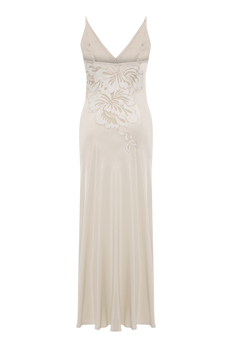 Bocan Couture ELA long cupro nightgown with beige lace trim, elegant and flowing sleepwear for women.