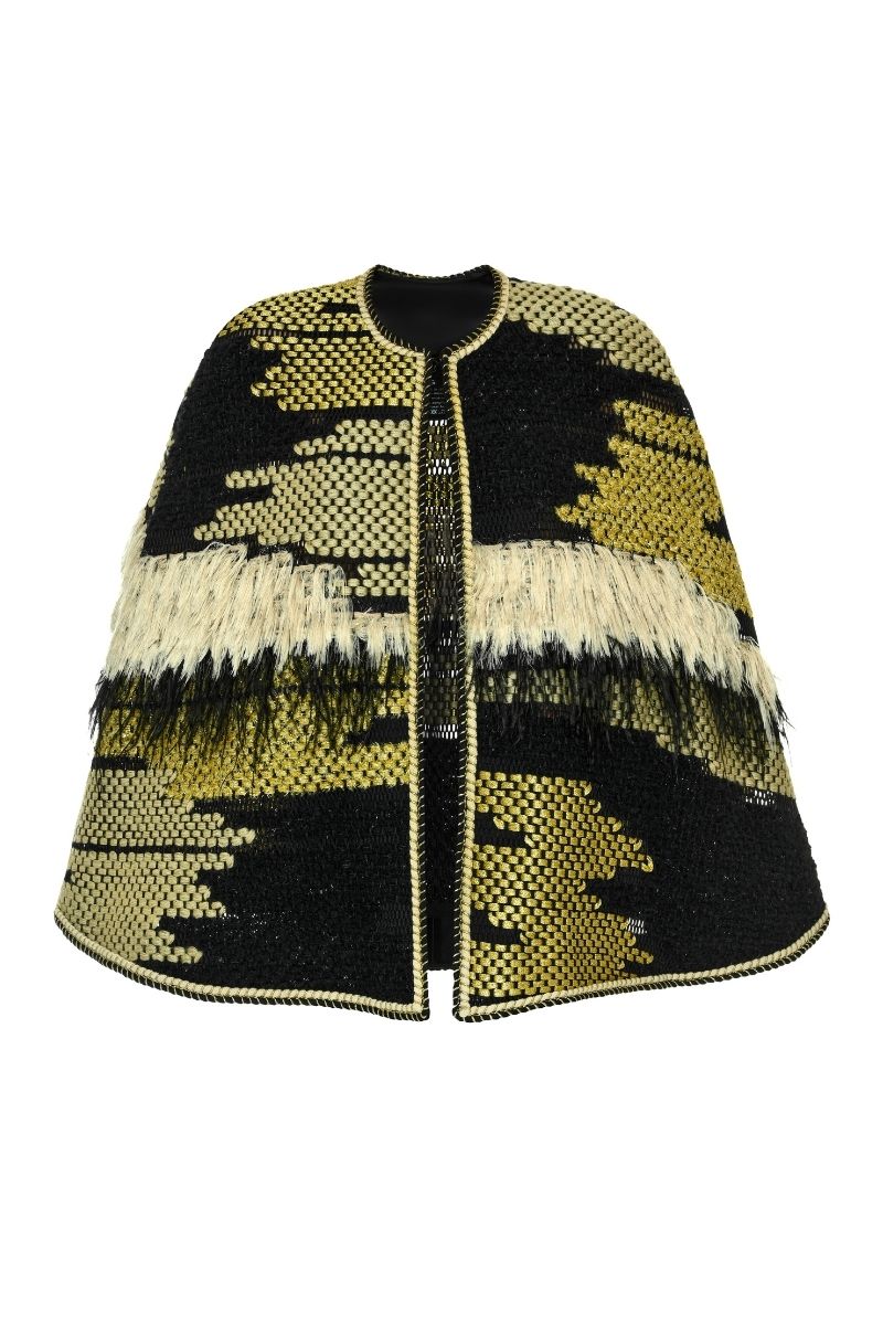 Lalo Avril multicolor cape jacket with vibrant patterns, lightweight fabric, and stylish design for a fashionable layered look.