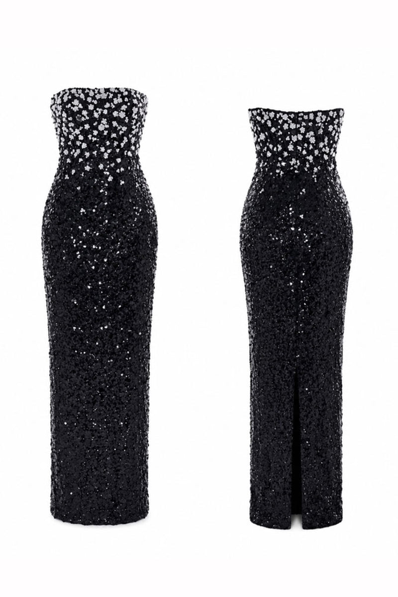 Black Luna floral sequin gown by HACCHIC COUTURE, featuring intricate floral sequin details and a flowing maxi dress silhouette.