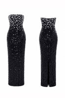 Black Luna floral sequin gown by HACCHIC COUTURE, featuring intricate floral sequin detailing and elegant flowing fabric.