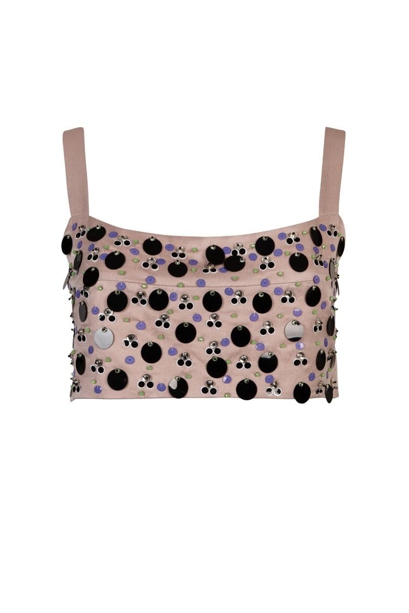 Pink embroidered crop top from Nara Niro's Dakota collection, featuring intricate embroidery and a stylish cropped design.