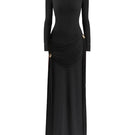 Maison Des Copains black high neck floor-length gown with elegant flowing fabric and a fitted silhouette.
