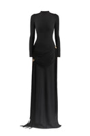 Maison Des Copains black high neck floor-length gown with elegant flowing fabric and a fitted silhouette.
