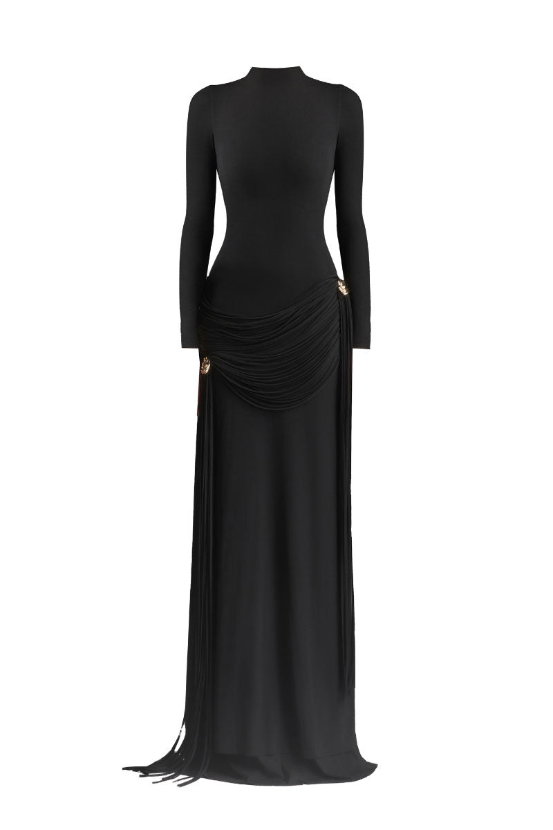 Maison Des Copains black high neck floor-length gown with elegant flowing fabric and a fitted silhouette.