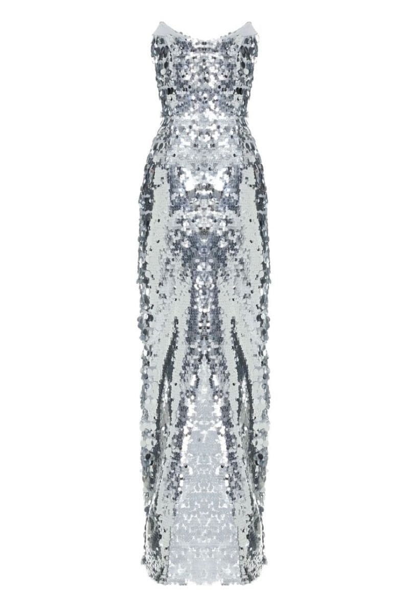 TIBI SILVER SEQUIN STRAPLESS MAXI DRESS | CULT MIA TIBI SILVER SEQUIN STRAPLESS MAXI DRESS | CULT MIA