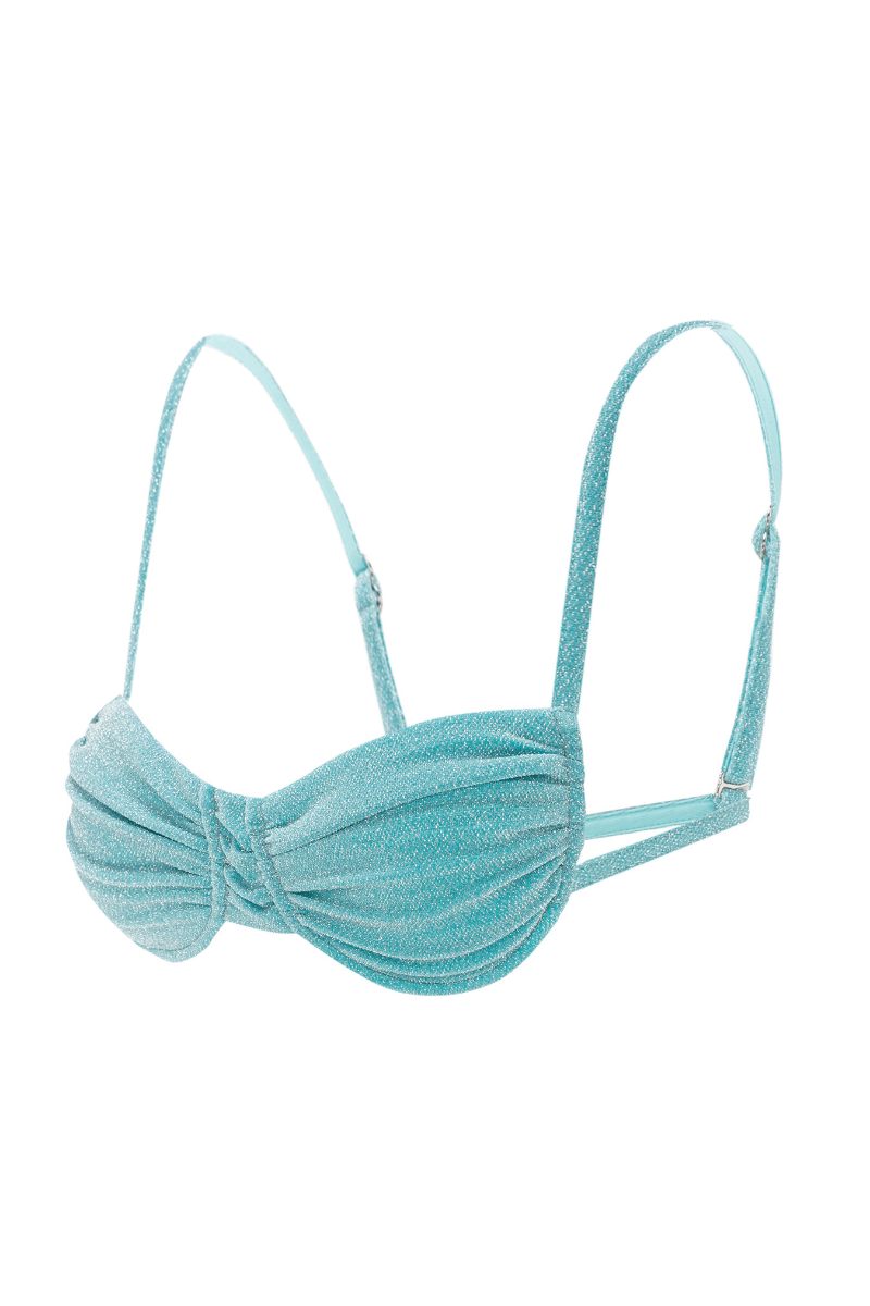 Suncillo Gina sparkly turquoise bikini top with shimmering fabric and adjustable straps, designed for stylish swimwear.