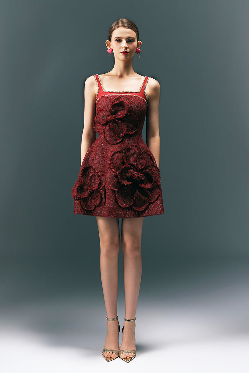 HAPPY CLOTHING CULT MIA X floral tweed mini dress with a fitted silhouette and vibrant floral pattern.