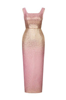 Pink brocade open back gown by HACCHIC COUTURE with elegant design and flowing fabric, perfect for formal occasions.