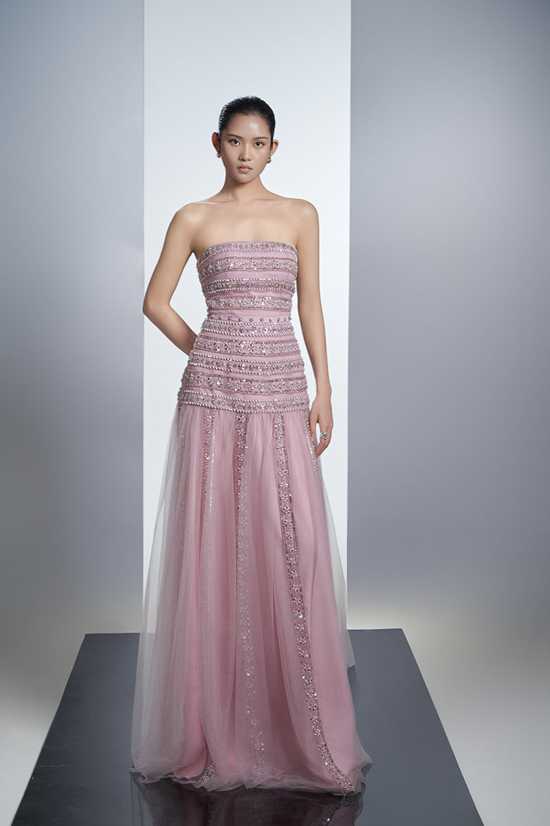 EMBELLISHED HOODED MESH MAXI DRESS IN DUSTY PINK - CULT MIA