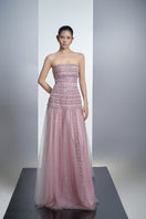 Dusty pink embellished hooded mesh gown by Happy Clothing, featuring intricate details and a flowing, elegant design.