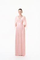 Blush pink beaded V-neck cape gown by Happy Clothing, elegant evening dress with intricate beaded details and flowing fabric.