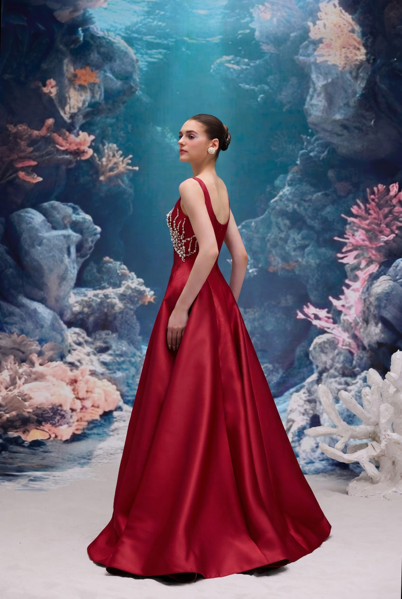 Red Sienna Royal Taffeta gown by 21Six, elegant long dress with a flowing silhouette and intricate taffeta fabric details.