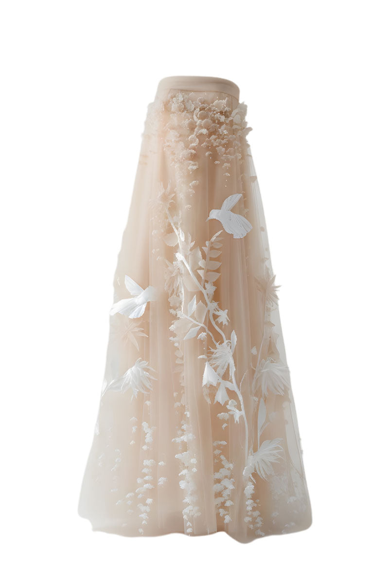Elegant NUDE 3D floral tulle gown by DOC BAN, flowing maxi dress with intricate floral detailing and a graceful silhouette.