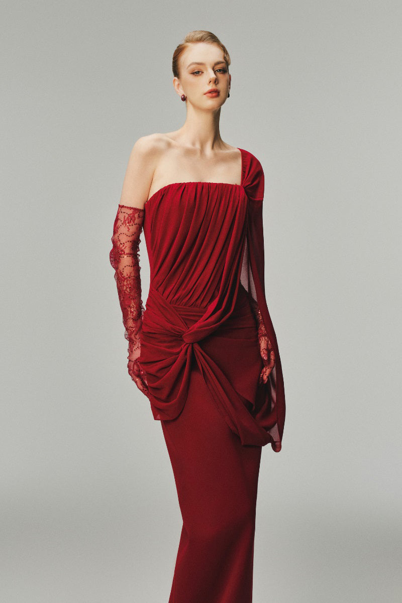 Elegant Margée Atelier EVA one-shoulder maxi dress with flowing fabric and a stylish silhouette, perfect for formal occasions.