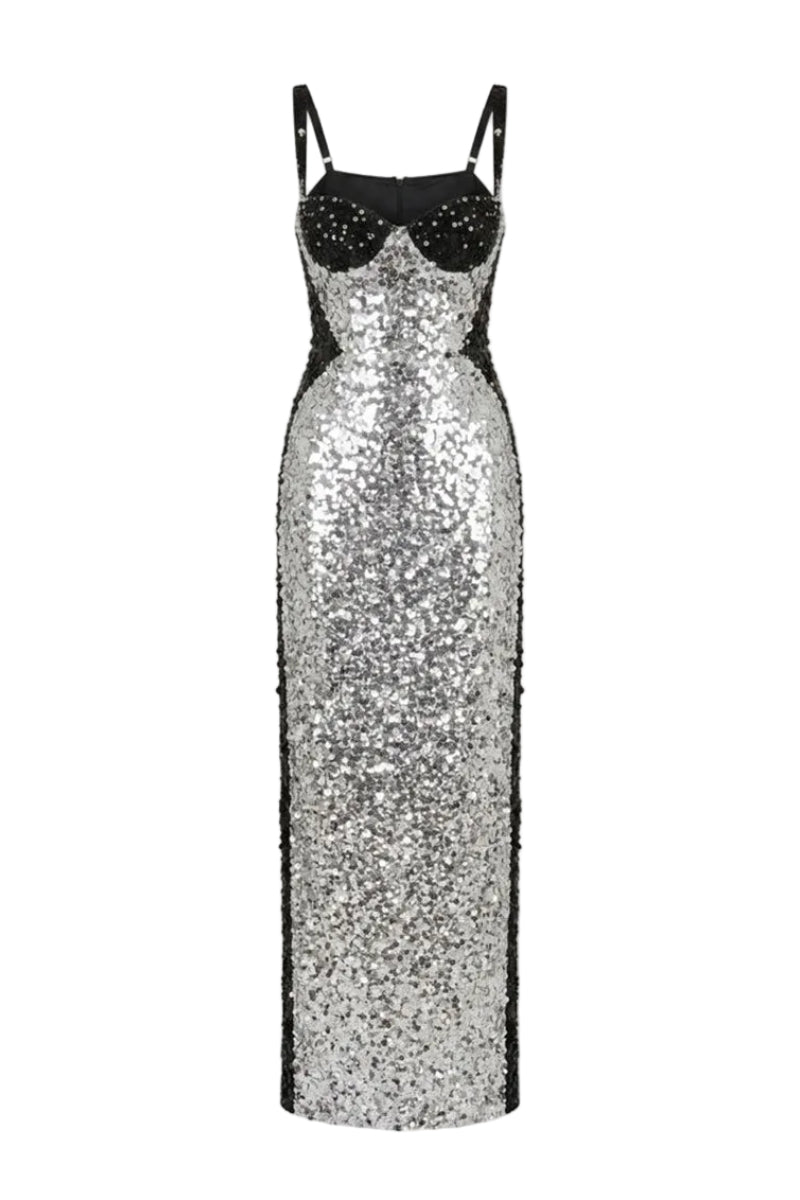 contrast sequin dress STELLA CONTRAST SEQUIN GOWN IN SILVER BLACK
