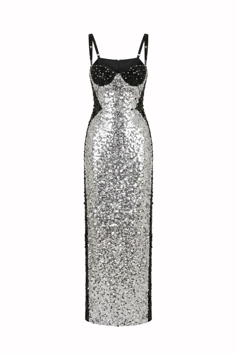 HACCHIC COUTURE Stella contrast sequin gown in silver and black, elegant maxi dress with shimmering embellishments.