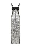 Hacchic Couture Stella contrast silver and black sequin gown with elegant flowing design and shimmering embellishments.