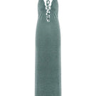 Suncillo Lyra Maxi Dress in sage green, flowing fabric with a relaxed fit, featuring a V-neck and adjustable shoulder straps.